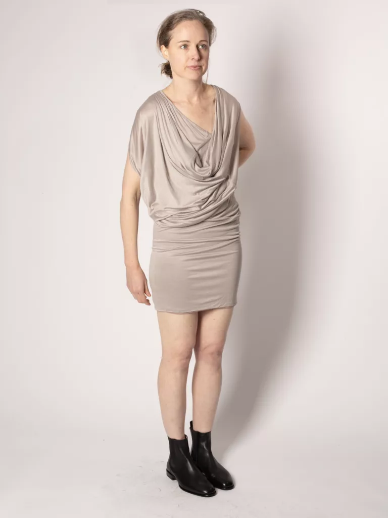 A0451-Front-Drape-Dress-V-Ave-Shoe-Repair-Grey-Front-Full-body